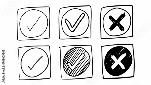 Hand drawn check mark and cross mark doodle icons set scalable vector illustration