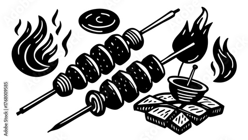 Vector illustration of grilled kebabs flames and cubes of meat for bbq