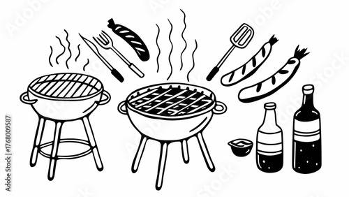 Hand drawn bbq dinner set vector illustration with grills sausages and drinks scalable eps