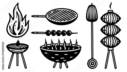 Hand drawn bbq smoke set doodles smoky grills skewers food vector illustration