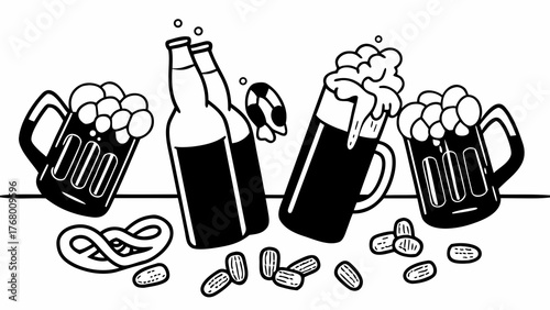 Vector illustration of beer mugs bottles pretzels and snacks in a doodle art style