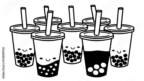 Vector doodle bubble tea cups tapioca pear illustration scalable eps icon set