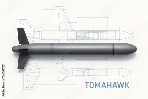 Tomahawk Missile Top-Down Blueprint Overlay – 3D Studio Render on White