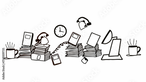 Vector illustration of a busy office scene with ringing phones and cluttered desks