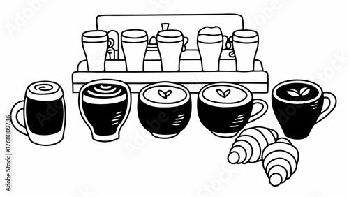 Vector doodle set of cafe drinks latte art mugs and croissants hand-drawn style