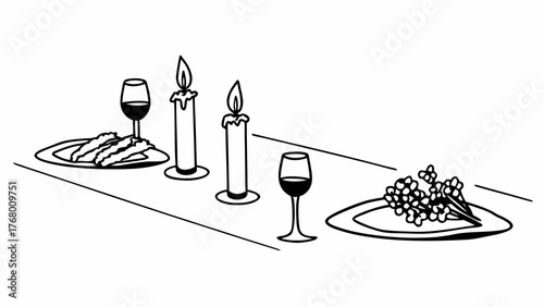 Romantic candlelight dinner setting vector illustration with wine glasses and plates