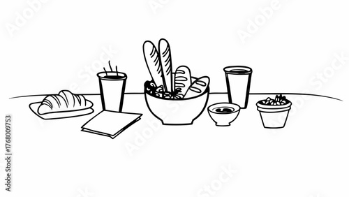 Hand drawn vector illustration of a croissant coffee and baguette lunch set