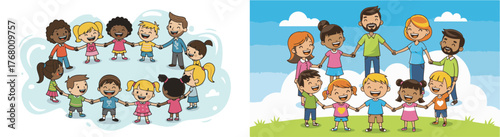 Cheerful Diverse Cartoon Characters Holding Hands Circle Graphic
