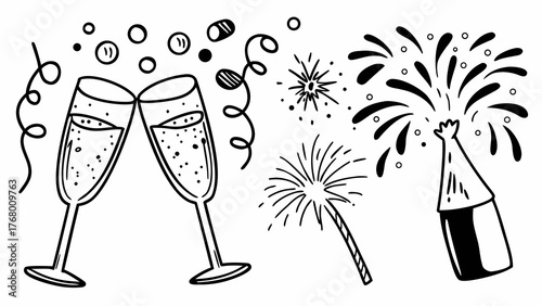 Doodle champagne flute glasses toasting sparklers and bottle celebration vector illustration