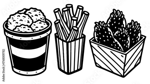 Crispy fried chicken tenders fries and nuggets hand drawn doodle vector illustration
