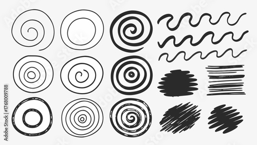 Hand-drawn circular brush strokes doodles and wavy lines scalable vector illustration graphic elements