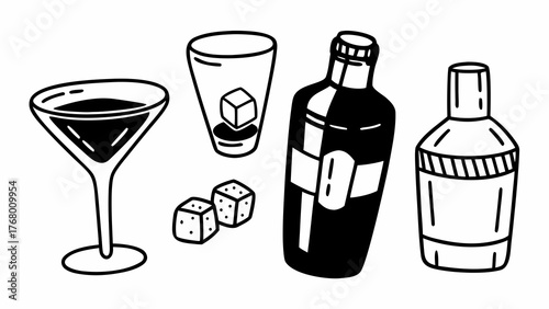 Hand-drawn vector illustration of bar drinks set with martini glass cocktail shaker and ice cubes