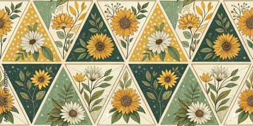 Beautiful floral pattern featuring sunflowers and daisies in warm yellow and green hues.