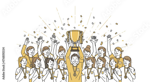 Champion team celebrates with gold trophy and confetti after winning tournament