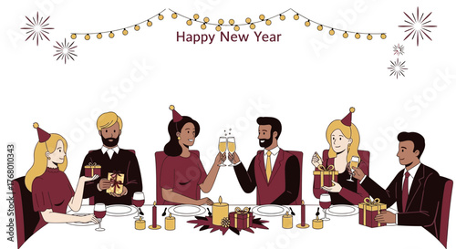 Celebrating the new year with friends and family in festive dinner gathering illustration
