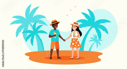 Cheerful couple enjoying tropical vacation on a vibrant beach paradise with palm trees and