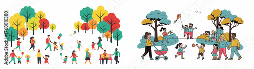 Flat Style People Illustration of Families and Kids in Autumn Park