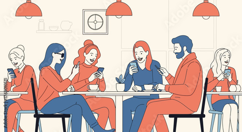 Stylized Illustration of People Using Smartphones at Cafe Depicting Social Media Culture