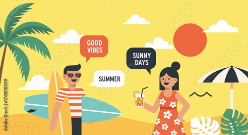 Summer beach vacation with palm trees, sun, happy people and good vibes illustration