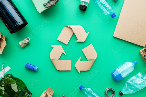 Recycling symbol made of cardboard surrounded by plastic bottles, glass bottle, and cardboard pieces on green background, promoting environmental awareness and circular economy