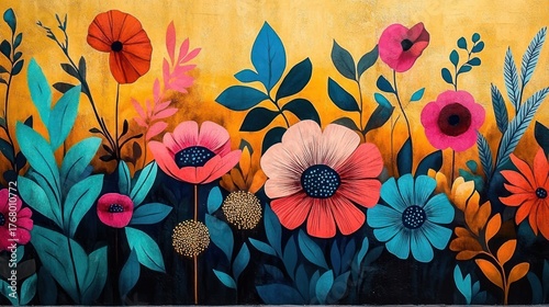 Colorful mural of various stylized flowers and leaves with vibrant orange, pink, blue, and green hues against a warm yellow background