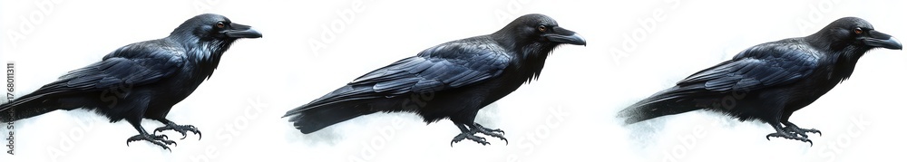 Obraz premium Three black ravens standing side by side with detailed feathers and sharp beaks on a white background