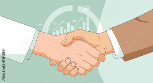 Two business people shaking hands over a chart representing growth and success