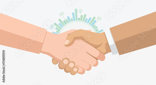 Two business people shaking hands with a subtle background chart representing growth