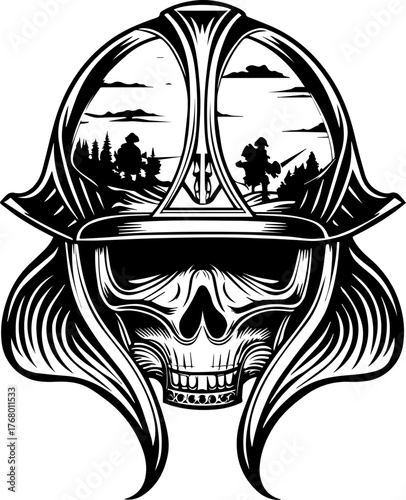 SVG skull mech paladins tattoo design. Skull Design with Firefighter Helmet and Nature Landscape Artwork