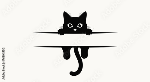 Cute black cat peeking over a split line