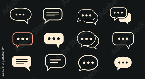 A collection of diverse chat and speech bubble icons in various styles for digital communication and messaging applications.