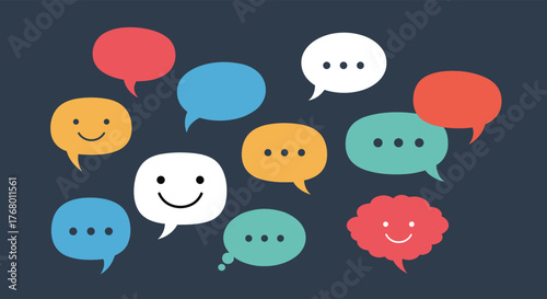An array of vibrant speech bubbles with happy faces and ellipses, illustrating various forms of communication, thoughts, and emotions.
