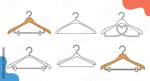 A collection of various clothes hanger designs, including wooden, plastic, and outline styles for clothing organization.