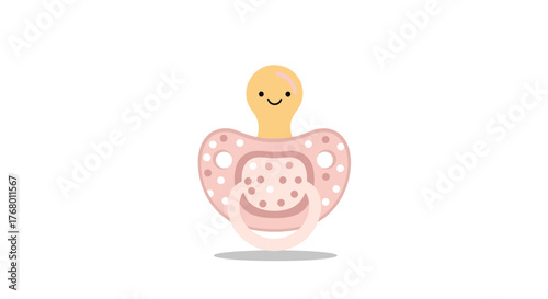 Adorable illustration of a pink baby pacifier featuring polka dots and a cute smiling face, isolated on a clean white background.