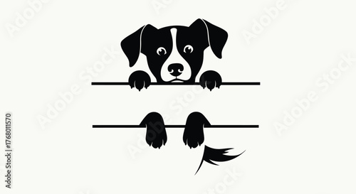 Stylized black and white dog peeking over a split line