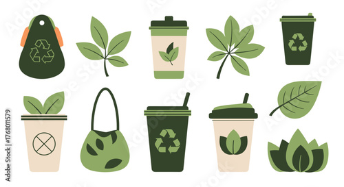 A vibrant collection of eco-friendly elements and symbols promoting sustainability, featuring reusable items, recycling icons, and natural leaves.
