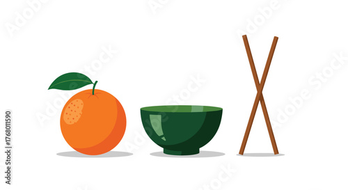 Flat illustration of an orange, a green bowl, and chopsticks on a white background, symbolizing fresh food and Asian culture.