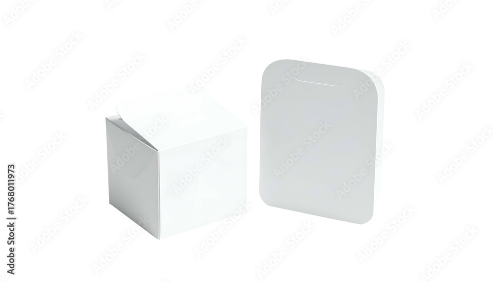 Fototapeta premium Two white, minimalist containers; one box-shaped with a lid, the other a smooth, flat form