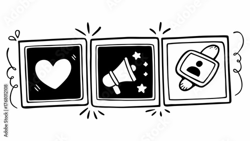 Doodle icons set of love share megaphone and user profile vector illustration
