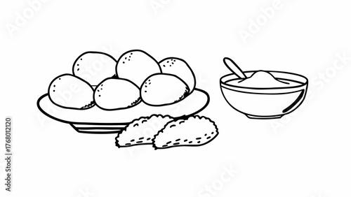 Hand drawn doodle vector illustration of delicious falafel set with pita bread and dip