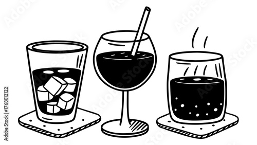 Vector illustration set of hand-drawn evening drinks with ice and steam scalable eps