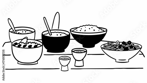 Doodle style family feast set with serving bowls and utensils vector illustration