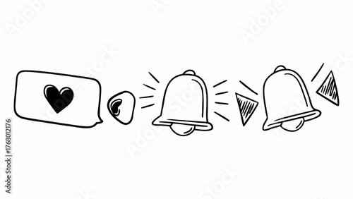 Hand drawn social media follow subscribe notification bell icons doodle style vector illustration
