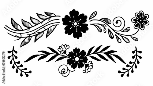 Hand drawn floral brush flourish vector set doodles leaves petals swirls
