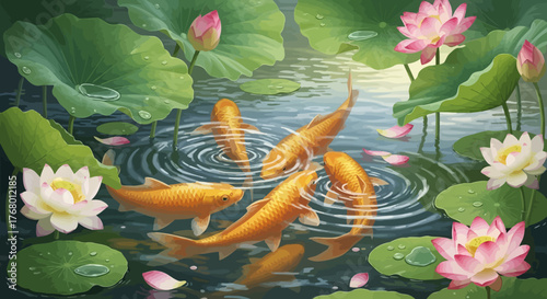 Serene pond scene showcasing golden koi fish amongst water lilies and lush green foliage