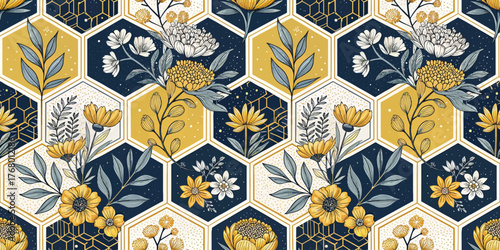 Beautiful floral pattern featuring yellow and blue flowers in a hexagonal design.