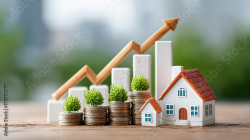 Fototapeta Naklejka Na Ścianę i Meble -  Miniature houses on stacked coins with trees and rising bar graph in background, symbolizing growth in real estate investment.