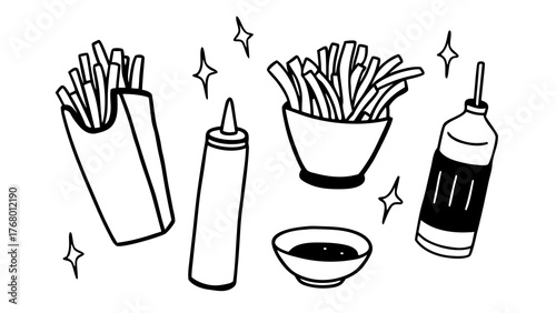 Vector illustration set of french fries boxes ketchup and bottle scalable graphic design