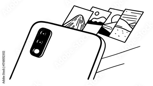 Pixel camera doodle illustration showing photos ejecting from smartphone back vector