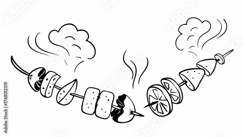 Hand drawn vector illustration of grilled kebab skewers with steam and doodles